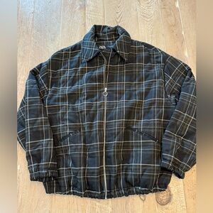 Zara Black and Gray Plaid Quilted Zip Jacket M